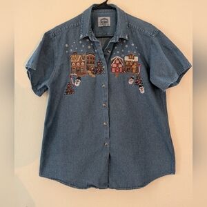Embroidered Denim Shirt with Festive Gingerbread Design